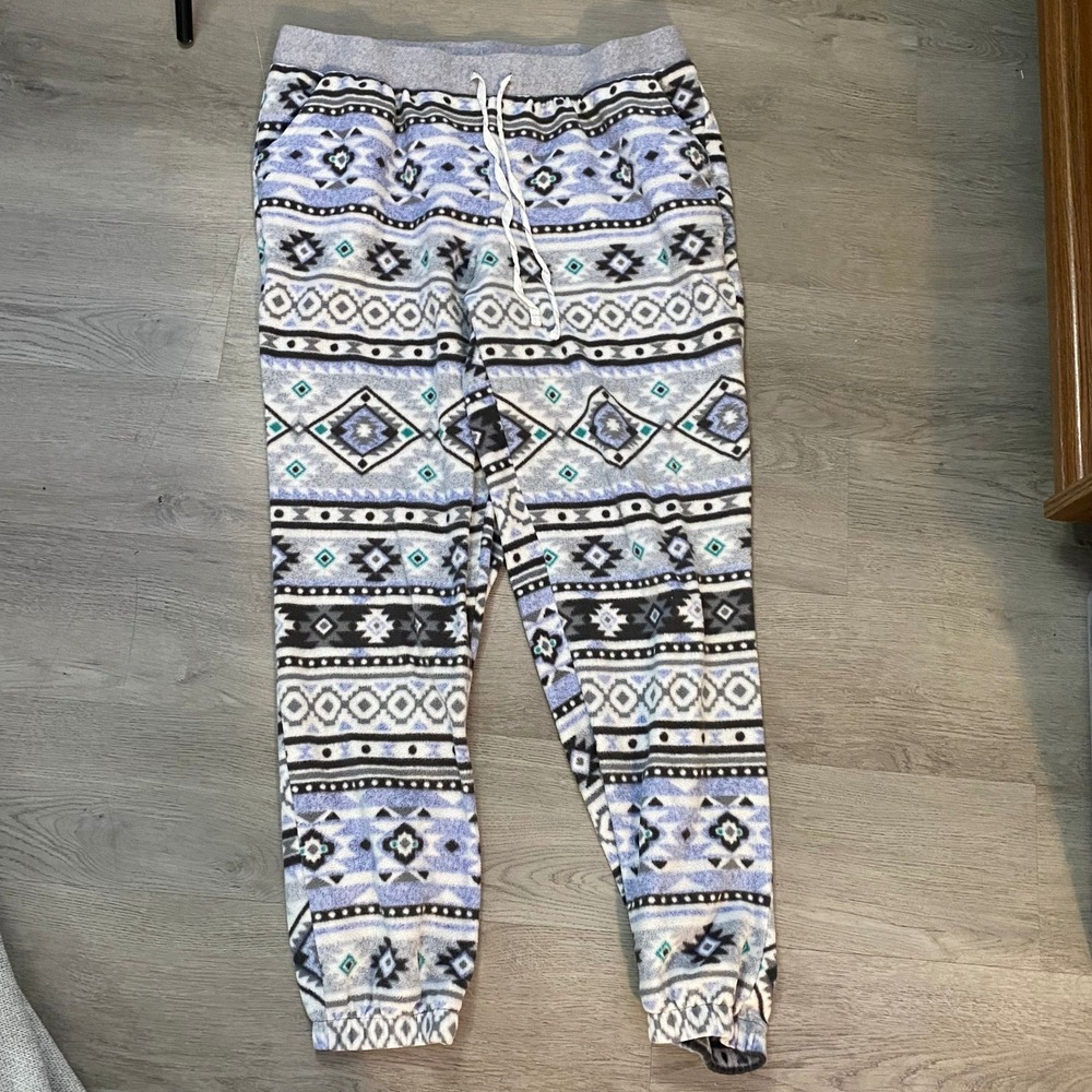 Cuddl Duds Fleece Joggers Women L Blue Grey Aztec Geometric Pajama Pants